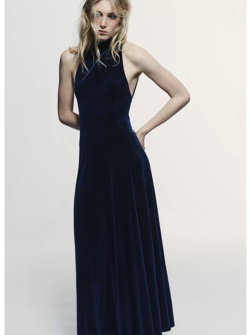 Zara Navy Velvet Backless High-Neck Maxi Dress